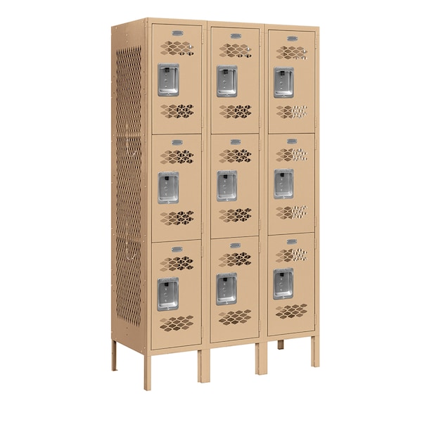 3 Tier Vented Locker, 36"Wx66"Hx15"D, 9 Door, Tan, Unassembled